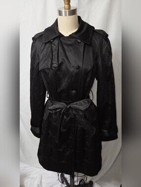 Black Satin Double-Breasted Trench Coat Belted At Waist, Size Medium, Like New